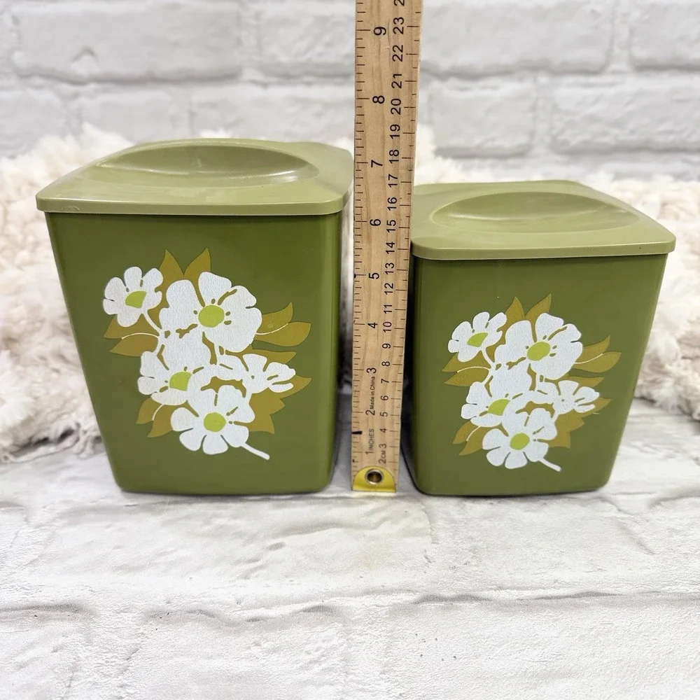 Vtg MCM Avocado Green Floral Plastic Nesting Canisters 2 Containers With Lids